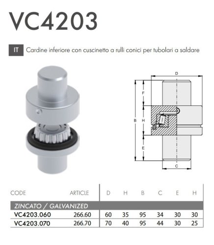 Cardine inferiore cancello con cuscinetto rulli conici per tubolari a saldare FAC VC4203 - ø mm 60