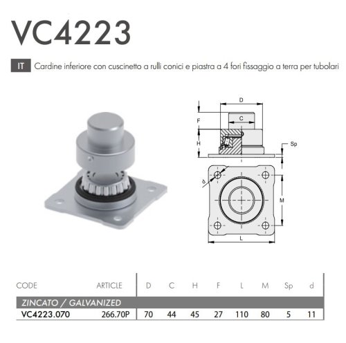 Cardine cancello inferiore piastra 4 fori per tubolari FAC  VC4223.070