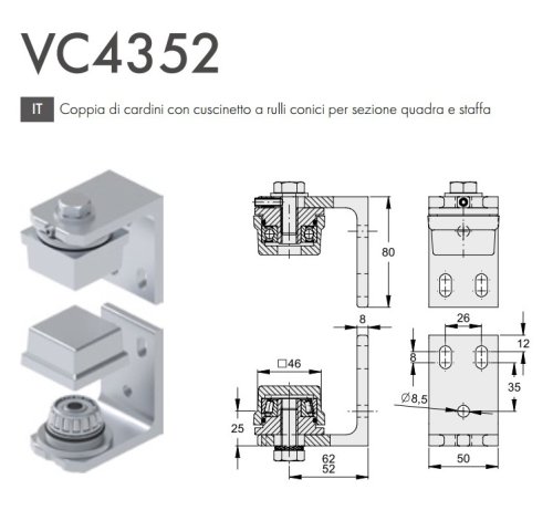 Coppia di cardini cancello cuscinetto a rulli conici sezione quadra FAC VC4352.050