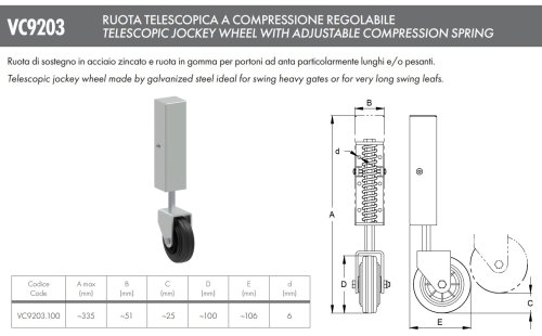 Ruota telescopica di sostegno ø 100 mm per portoni ad anta lunga FAC VC9203.100