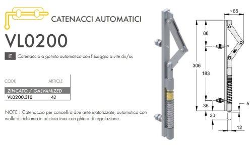 Catenaccio a gomito automatico per cancelli a due ante motorizzate FAC VC0200.310