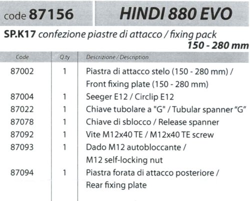 Piastra di attacco con nasello per motore Hindi 880 Evo Fadini 87156