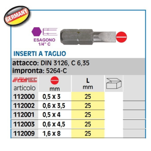 Inserti a taglio per avvitare 1/4" L25 mm Fermec 112 - mm 3