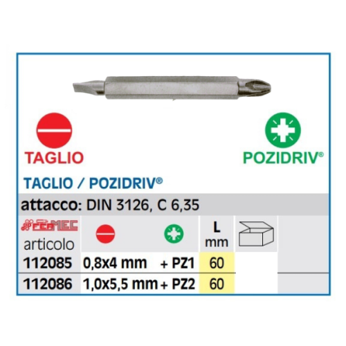 Inserti avvitare doppia punta taglio/croce L60 mm Fermec 112 - mm 4 + Pozidriv1