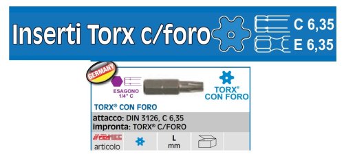 Inserti per avvitare Torx con foro 1/4" L25 mm Fermec 122 - TORX T6