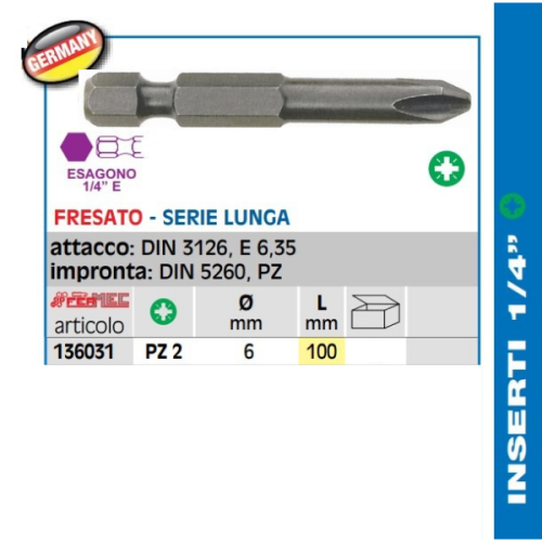 Inserti per avvitare Pozidriv PZ2 L100 mm 1/4" Fermec 136031