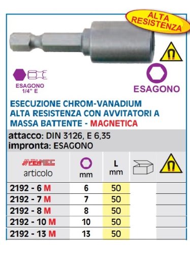 Chiave a bussola magnetica esagono 1/4" Fermec 2192M - mm 6