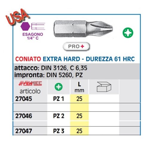 Inserto per avvitare alta resistenza ad impronta PZ Fermec 2704 - Pozidrive 1