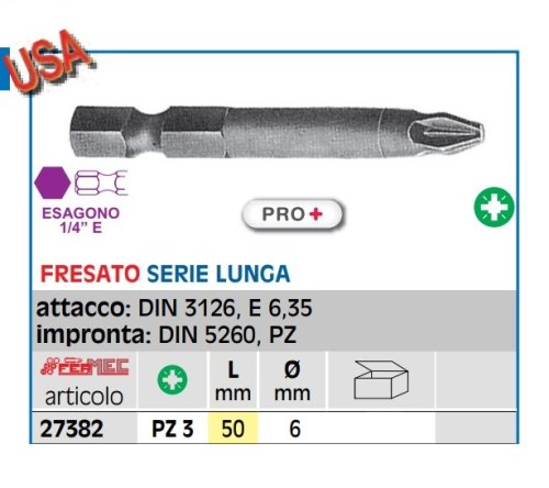 Inserto per avvitare Pozidrive PZ3 PRO+ L50 mm Fermec 27382