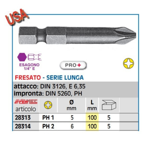 Inserto per avvitare ad impronta Phillips PRO+ L100 mm Fermec 2831 - PH 1