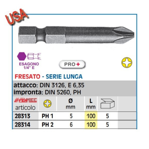 Inserti per avvitare impronta Phillips PRO+ L100 Fermec 2831 - PH 1