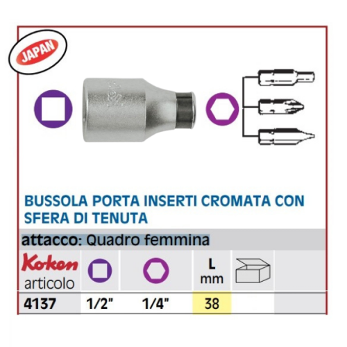 Bussola porta inserti avvitare 1/2"-1/4" con sfera di trattenuta Fermec 4137
