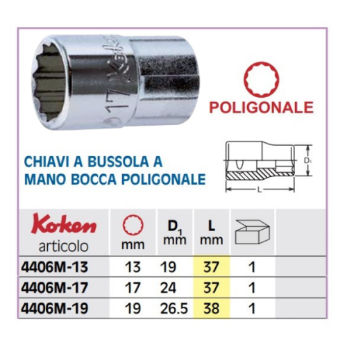 Chiave a bussola bocca poligonale Fermec 4406M 1/2" - mm 13