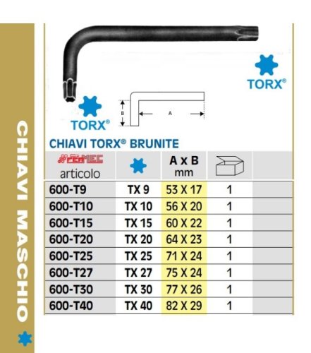 Chiave maschio Torx piegata brunita Fermec 600-T - TORX T9