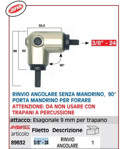 Rinvio angolare 90° senza mandrino attacco esagonale 9 mm Fermec 89832