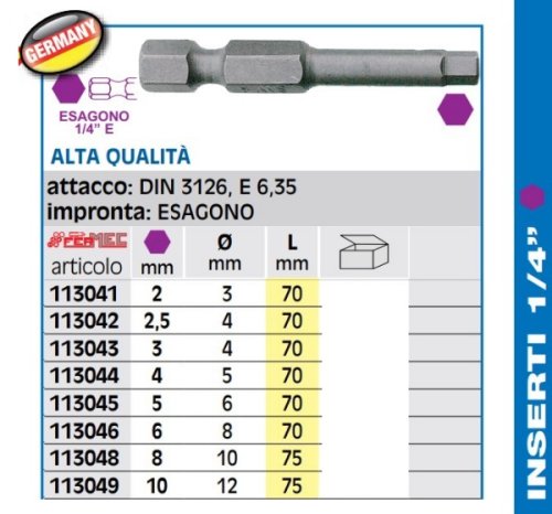 Inserti a brugola per avvitare 1/4" L70 mm Fermec 113 - mm 2