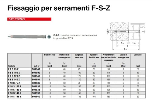 Tassello in nylon Fischer F-S per fissaggio serramenti - | mm 8x75