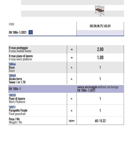 Ponteggio Trabatello Marchetti GRIM 2m in acciaio zincato con ruote ø 150 mm
