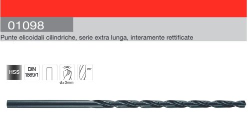 Punta per trapano Krino 01098 Hss-G DIN 1869/1 rettificata serie Extra Lunga - ø mm 6,00x140x205