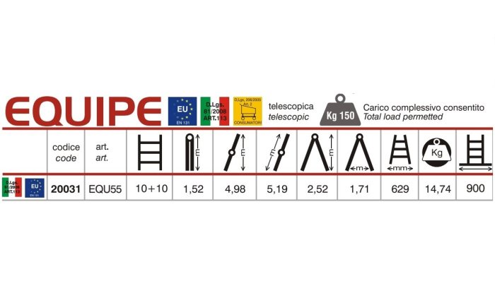 SCALA TELESCOPICA TRASFORMABILE MARCHETTI EQU55 10+10 4,90 MT 9 GRADINI