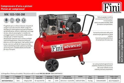 Compressore aria monofase 230V 3Hp 100 litri Fini MK 103-100-3M