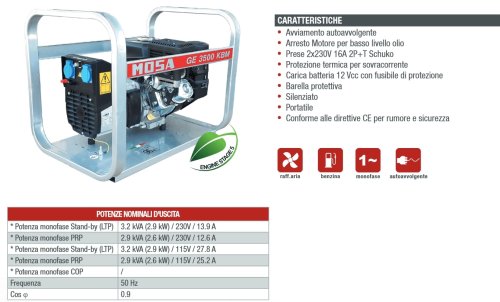 Generatore di corrente monofase 2,6kW Mosa GE 3500 KBM