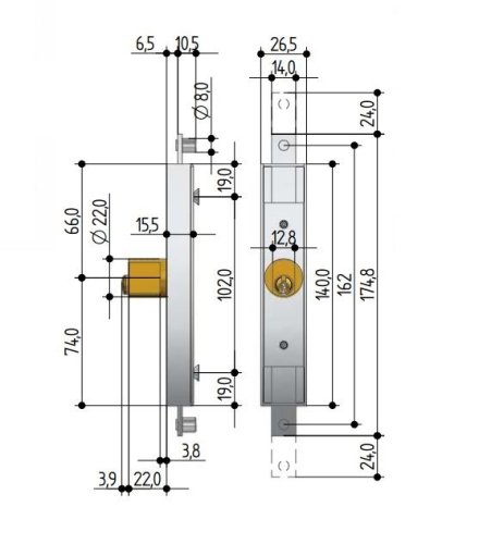 Serratura per cancelli estensibili con cilindro fresato PREFER 6601.0010.0200