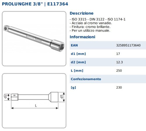 Prolunga bussola esagonale 3/8" - 250 mm Expert E117364