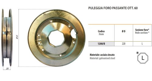 Puleggia per tapparella ø 220 mm foro passante ottagonale Bolis 1208/B