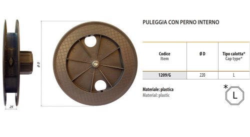 Puleggia in PVC per tapparella ø 220 mm, ottagonale 60, perno interno Bolis 1209/G