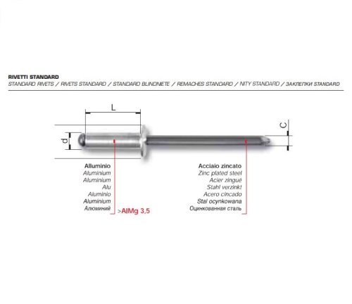 Rivetti a strappo testa cilindrica in alluminio - ø x L mm 3,4x14