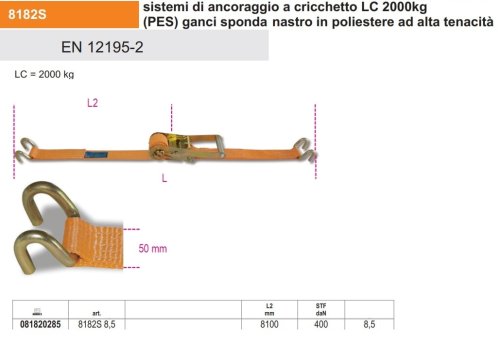 Fascia di ancoraggio a cricchetto con ganci per sponda Robur 8182S (8,5 mt)