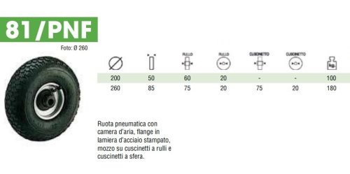 Ruota per carrelli pneumatica senza supporto Rocarr 81/PNF - ø mm 260