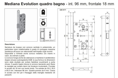 Serratura da incasso per porte interne legno AGB B01102.35 MEDIANA EVOLOTION F18 mm I=96