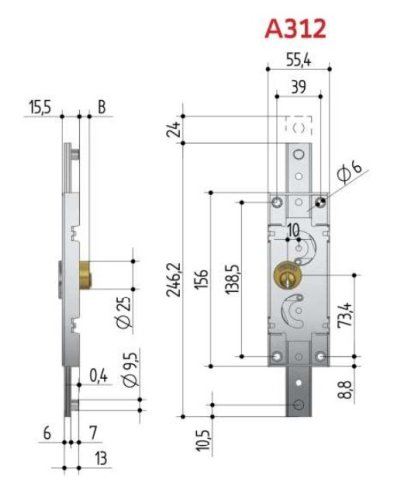 Serratura verticale SX per serrande scorrevoli PREFER A312.0012.0200
