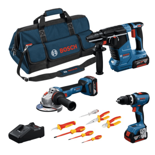 Set 3 utensili Bosch: GSB 18V-65 + GWS 18V-11 + GBH 18V-24 C + cacciaviti e pinze VDE + 3x GBA 5.0Ah + GAL