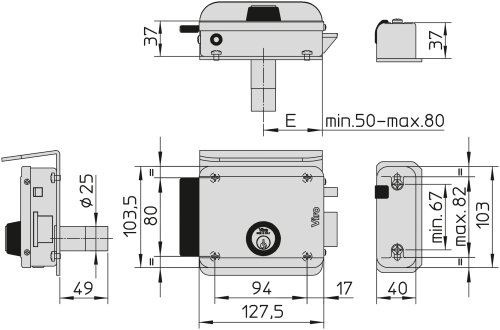 Elettroserratura 12V per porte e cancelli pedonali VIRO 8992 V97 E=50/80MM - mano DX