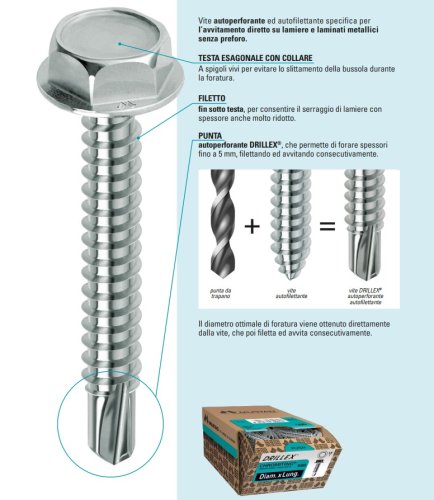 Vite autoforante per lamierati MUSTAD DRILLEX testa esagonale con collare zincata - ø x L mm 4,2x13