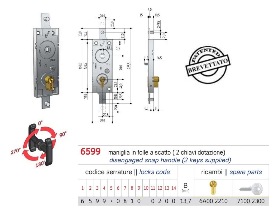 Serratura per basculanti, maniglia in folle Prefer 6599.0810.0200 - Cod.  6599.0810.0200 - ToolShop Italia