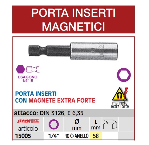 Porta inserti avvitare magnetico Fermec 10052 1/4 - mm 150 - Cod.  10052.150 - ToolShop Italia