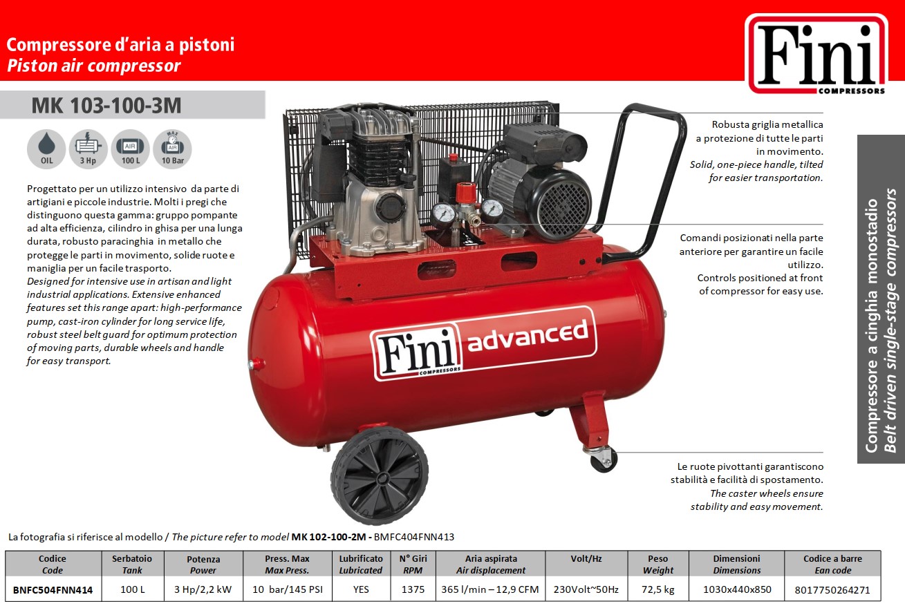 Compressore aria da 100 litri Fini MK 103-100-3M - Cod. BMFC504FNN414 -  ToolShop Italia